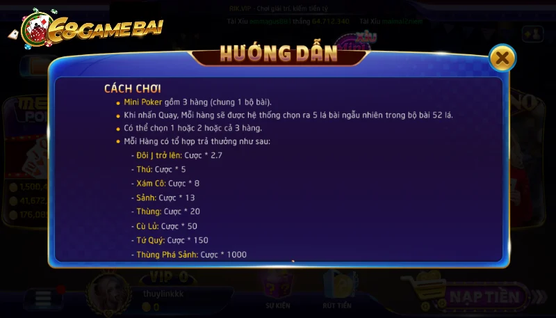 Các thuộc tính cần lưu ý khi chơi minipoker 68 game bài